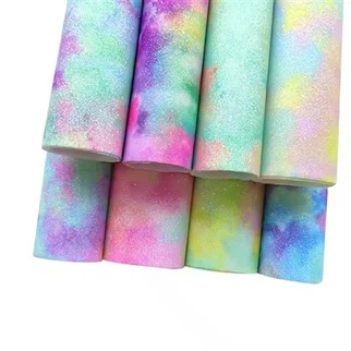 Desain asap pelangi super mengkilap dicetak lembar kain kulit buatan glitter untuk membuat pita penutup rambut\/kerajinan